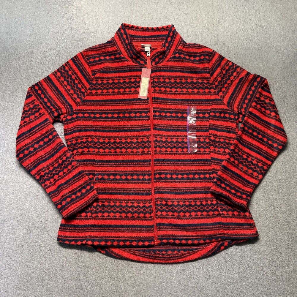 Merona Womens XL Full Zip Fleece Sweater Red Navy Fair Isle Pattern Pockets NWT